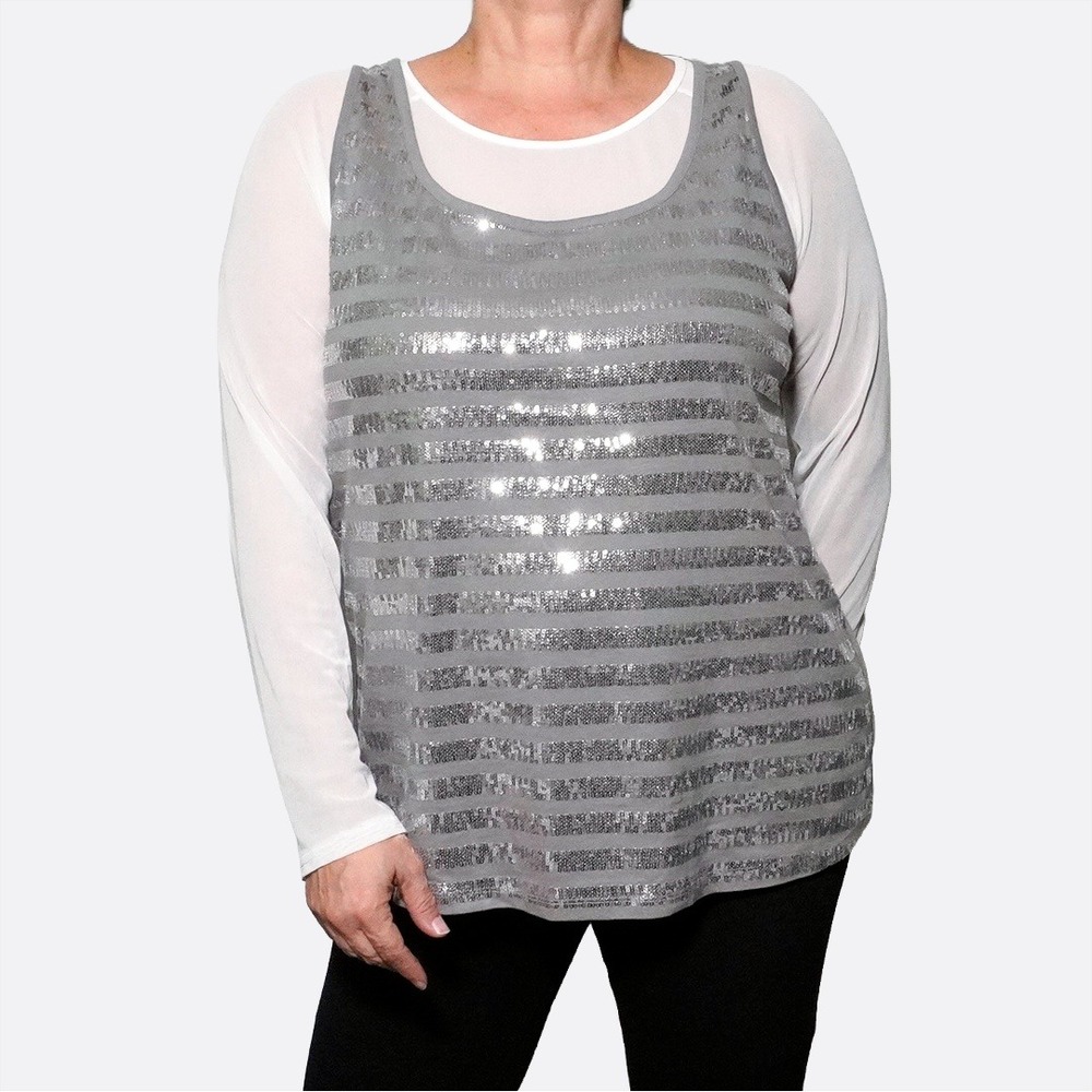 Lane Bryant Gray Silver Sequin 100% Cotton Jersey Tank‎ Top 1X Plus Size Party